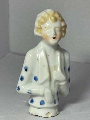 VINTAGE PORCELAIN ART DECO PIN HALF DOLL LADY WEARING Blue Polkadots 3.75 