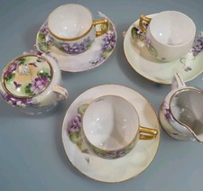 Vtg Violet Floral Porcelain Tea Set 3 Cups Saucers Sugar Creamer Gold Mismatched
