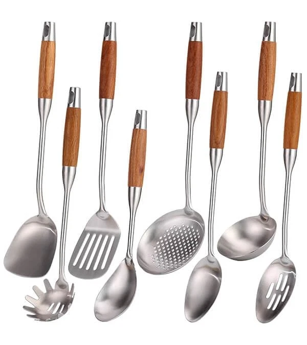 18/10 Stainless Steel Kitchen Utensils Set with Wood Handle - 15”Metal Cookin...