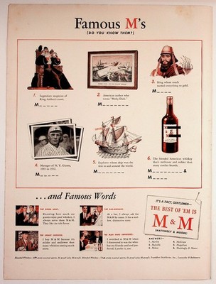 M&M Mattingly & Moore Whiskey Famous M's Quiz Vintage Magazine Ad 1940s