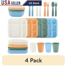 24-Piece Kids Plastic Dinnerware Set Microwave Dishwasher Safe Fun Meal Time New