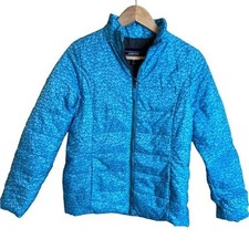 Lands  End Puffer Jacket Girls Size XL 16 Turquoise Blue Zip Front Heart Pattern