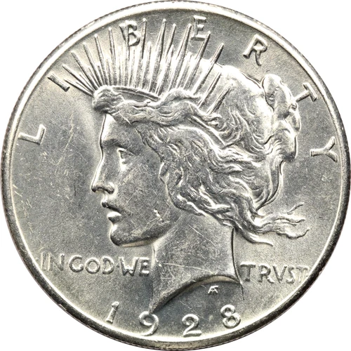 1928 Peace Silver Dollar $1, About Uncirculated AU+, Lightly Cleaned