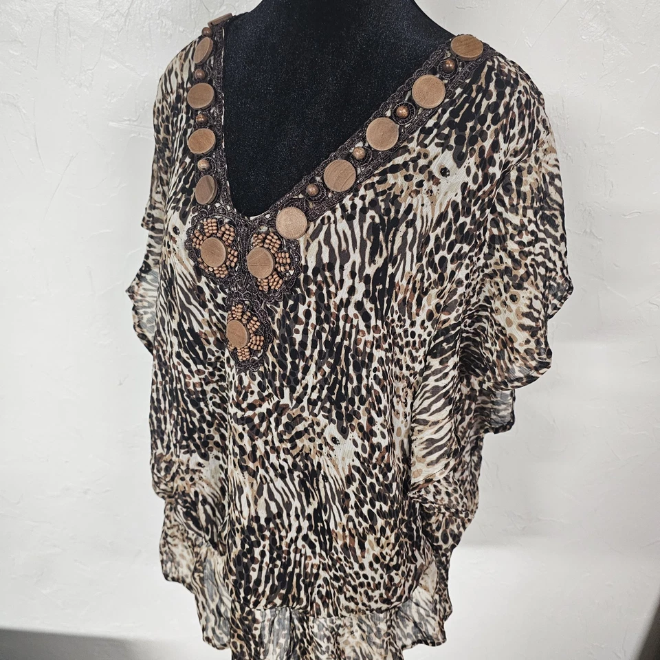 Blusa para mujer Cato con estampado animal 18/20W túnica retro con volantes con cuentas años 90 XXL  Foto 2 de 4