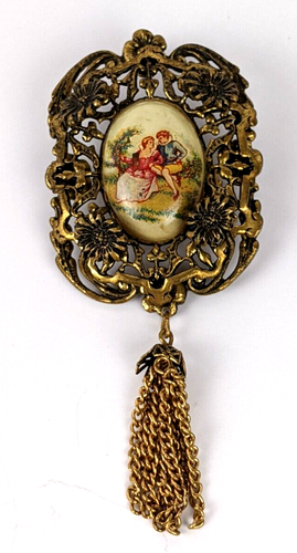 Vintage Victorian Style Filigree Romantic Portrait Cameo Style Brooch w Tassel - Picture 3 of 7