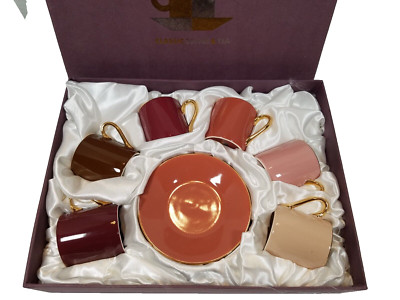Classic Coffee And Tea Demitasse 6 Cups &Saucers Set  Espresso Cups Earth Tone