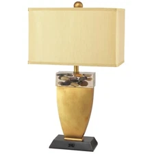 NEW Stylish Painted Gold & Stone Base w/ Gold Fabric Shade 26" Table Lamp 6206