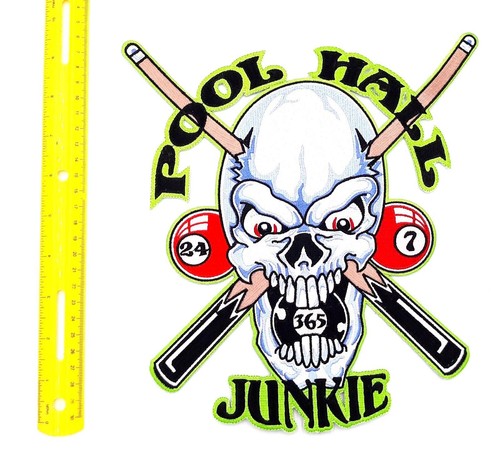 Pool Hall Junkie Skull / Cues Balls Large Iron On Sew On Embroidered Patch 9x10" - Picture 2 of 2