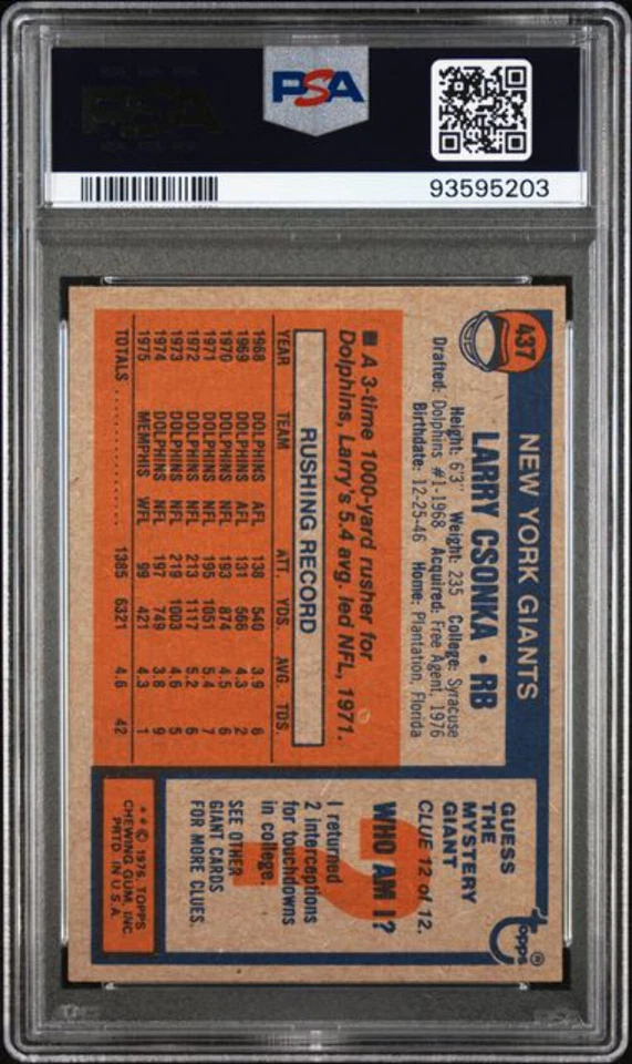 Graded 1976 Topps Larry Csonka #437 Football Card PSA 6 EX-MT - Image 2 of 2