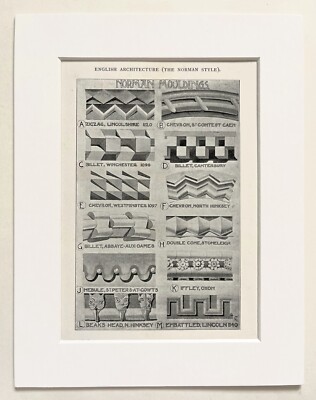 ENGLISH Gothic ARCHITECTURE Print - NORMAN MOLDING - 1905 Mounted Antique B&W