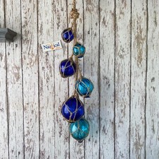 6 Glass Aqua & Cobalt Blue Fishing Floats On Rope - Fish Net Buoy Ball -Nautical