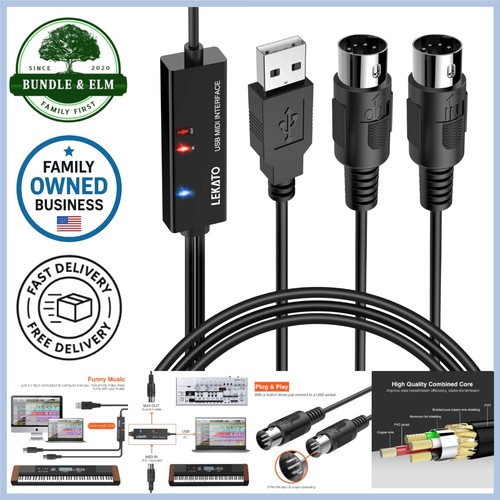 USB MIDI Cable 6.5Ft for Keyboard Synthesizer Recording Laptop Mac Plug & Play