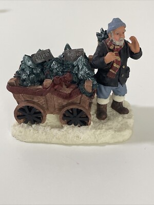Mervyn's Figurine Man Cart Holly Evergreens Village Square Vintage 1996