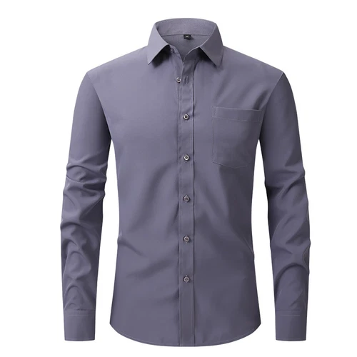 Men's Stretch Slim Fit Button Up Long Sleeve Solid Color Dress Shirt Formal Tops - Picture 22 of 39