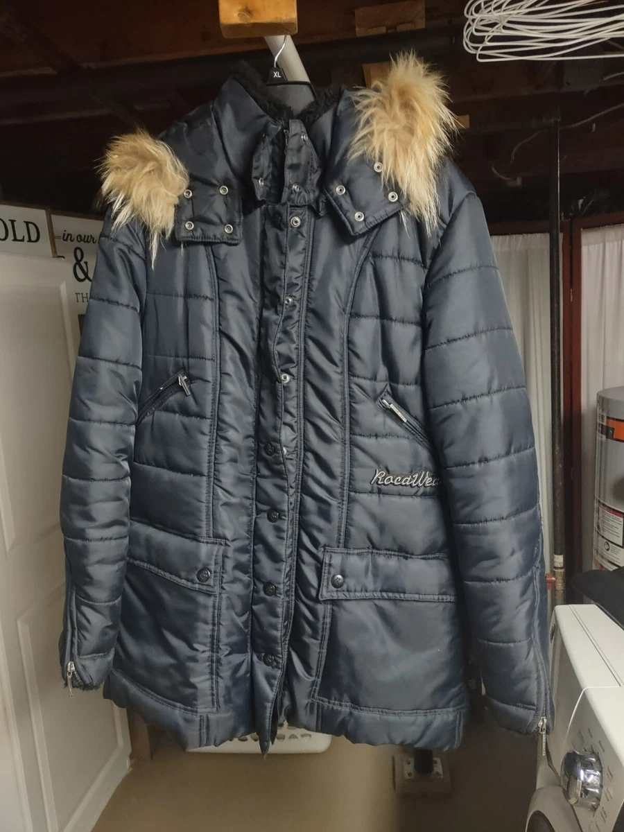 Womens Rocawear Winter Jacket Coat Fur Hood Black XL Extra Large