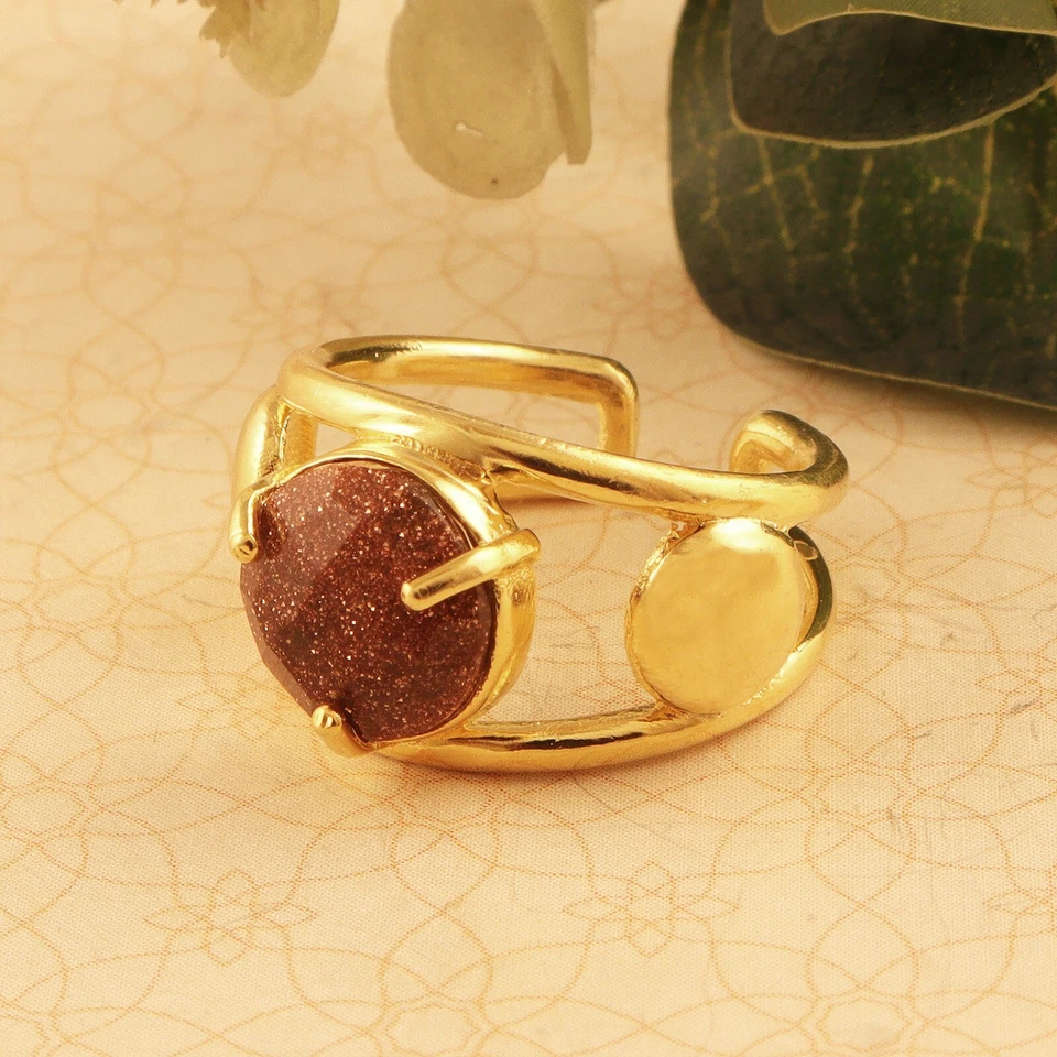 Red Sunstone Double Layer Band Gold Plated Prong Handmade Adjustable Chunky Ring - Image 2 of 4