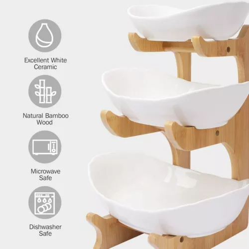 Obst Etagere 3 stöckig Obstkorb Obstschale Küche Keramik Schüssel Bambusständer - Bild 4 von 12