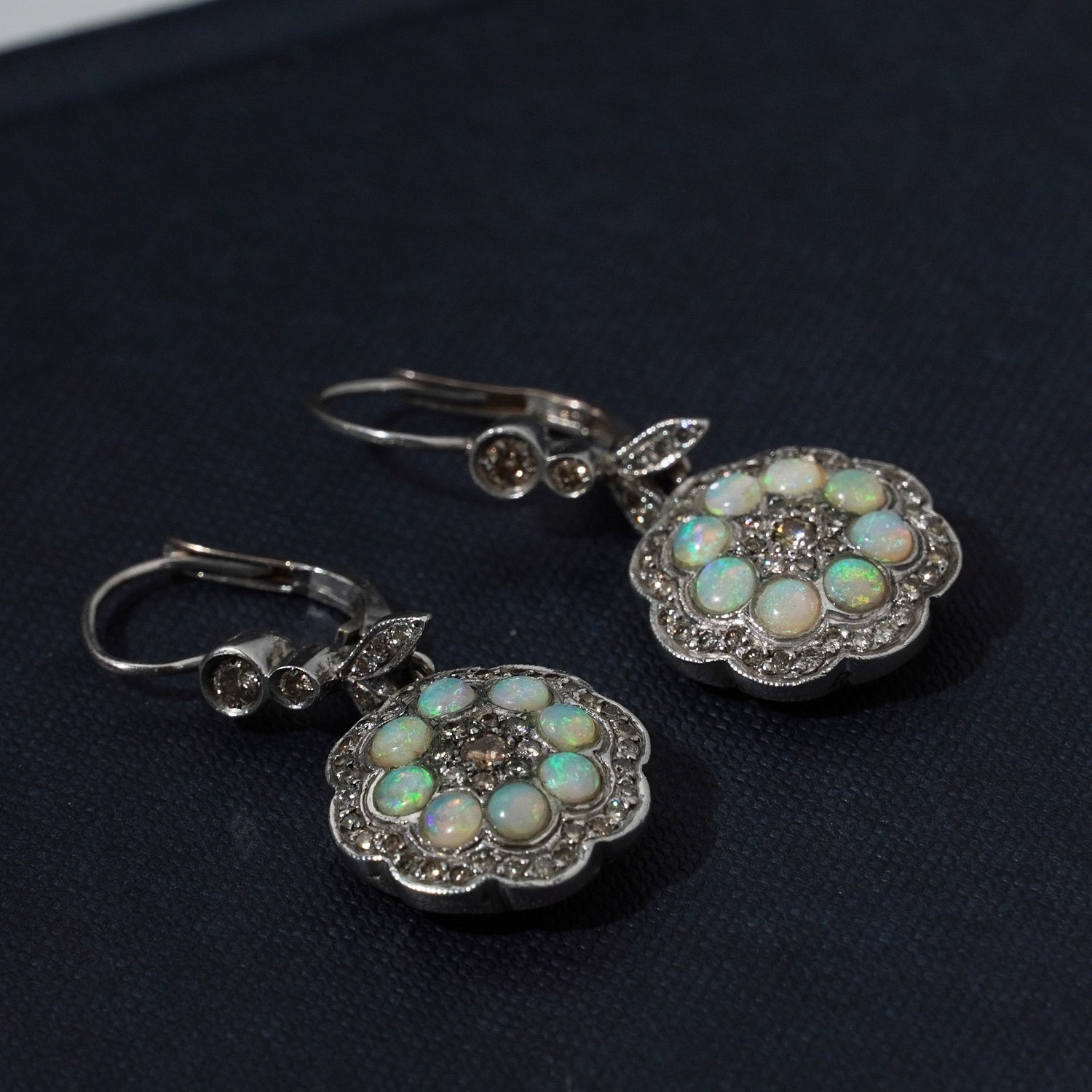 Vintage Solid Opal Diamond Flower Drop Earrings 9… - image 3