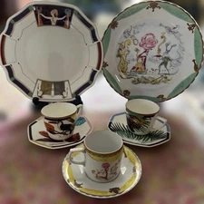 Shiseido Hanatsubaki Club 2 Plates & 3 Cup Saucer Set Japan Ceramic Collectible