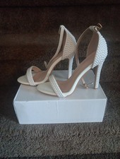 Womens White Pearl Design High Heel Ankle Strap Open Toe  Shoes
