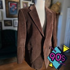 Vintage 90s Lauren Ralph Mens Brown Corduroy Blazer Coat Suede Elbow Patches