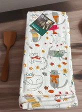 The Humane Society Kitchen Towels Funny Cats Fall Leaves & Scarf 100% Cotton NWT