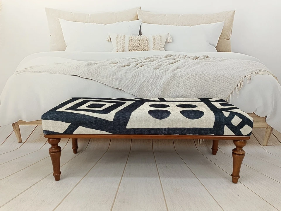 White Black Ottoman Bench Wood Work Piano Bench Handmade Footstool Bench - Image 2 of 4