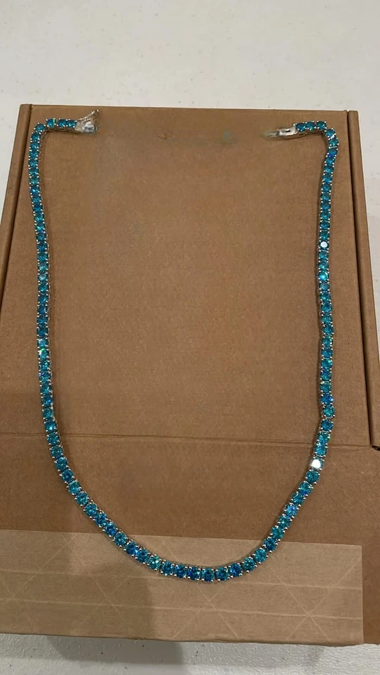 Collar de tenis aguamarina de 3 mm a 5 mm de corte redondo creado en laboratorio de plata de ley 925 Foto 4 de 4