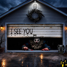 Halloween Garage Door Backdrop "I SEE YOU" Clown Graphic Fabric 13ft x 6ft