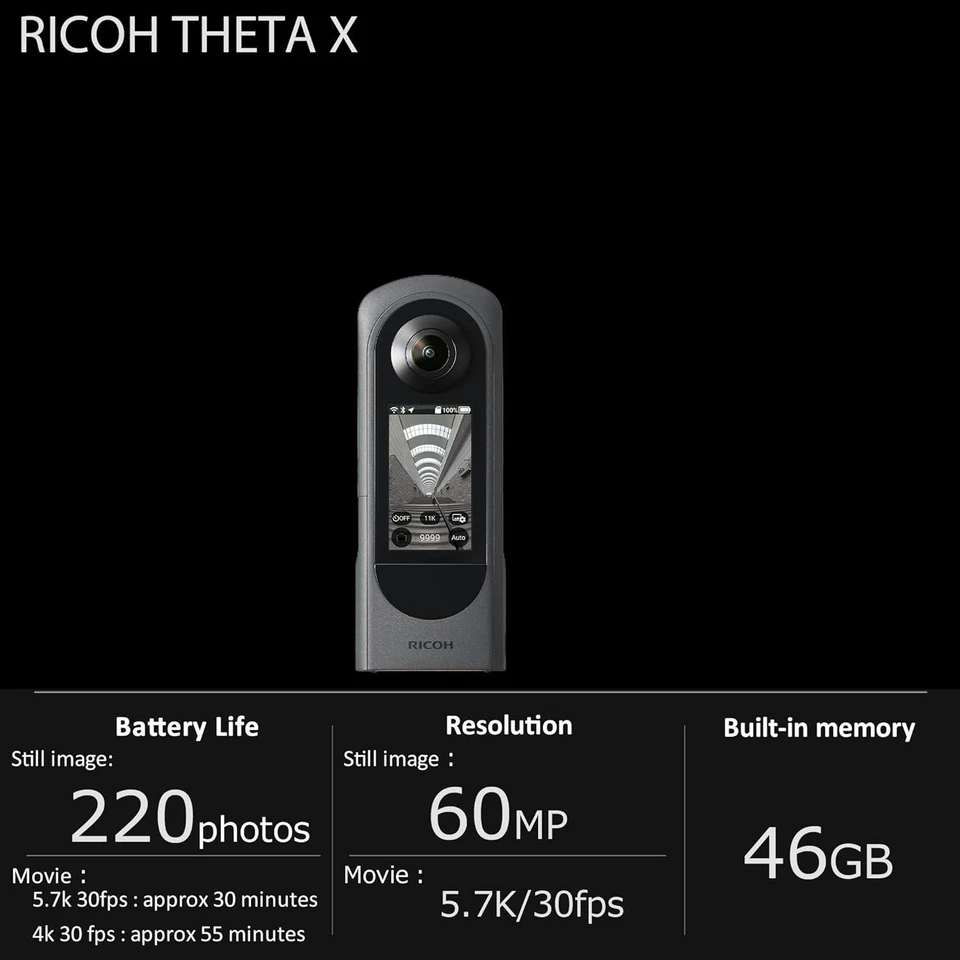 Cámara Ricoh THETA X 360° - Fotografía 11K / Video 5.7K, Pantalla Táctil e Interchangea Foto 2 de 4
