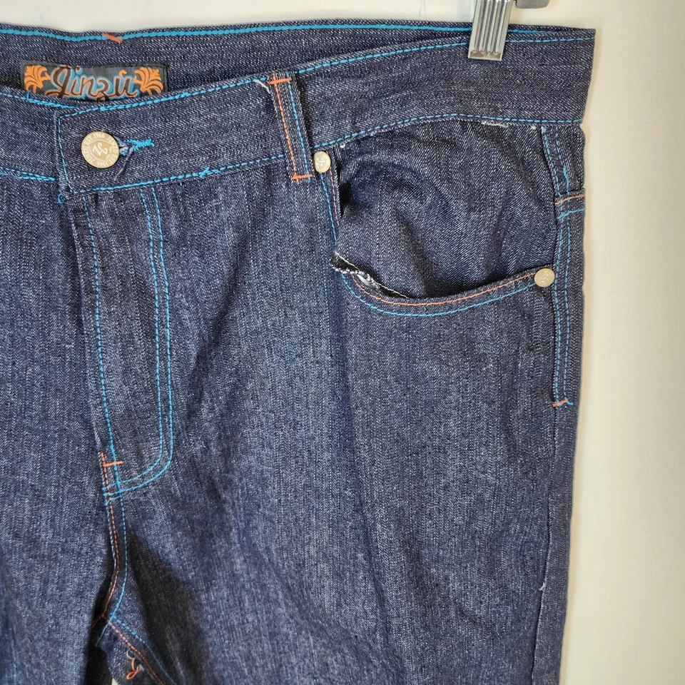 Pantalones de mezclilla para hombre Jinzu 42x32 lavado oscuro bordado cresta bolsillos traseros rectos Foto 3 de 4