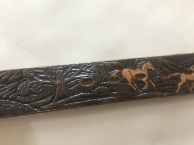 Vintage Wrangler brown tooled horse leather belt silver buckle Vintage Wrangler Brown Tooled Horse Leather Belt/silver  main image 3