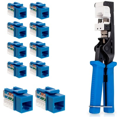 Punch Down Tool with Cat5e RJ45 Keystone Jack Blue 45-Degree Network Set Kit