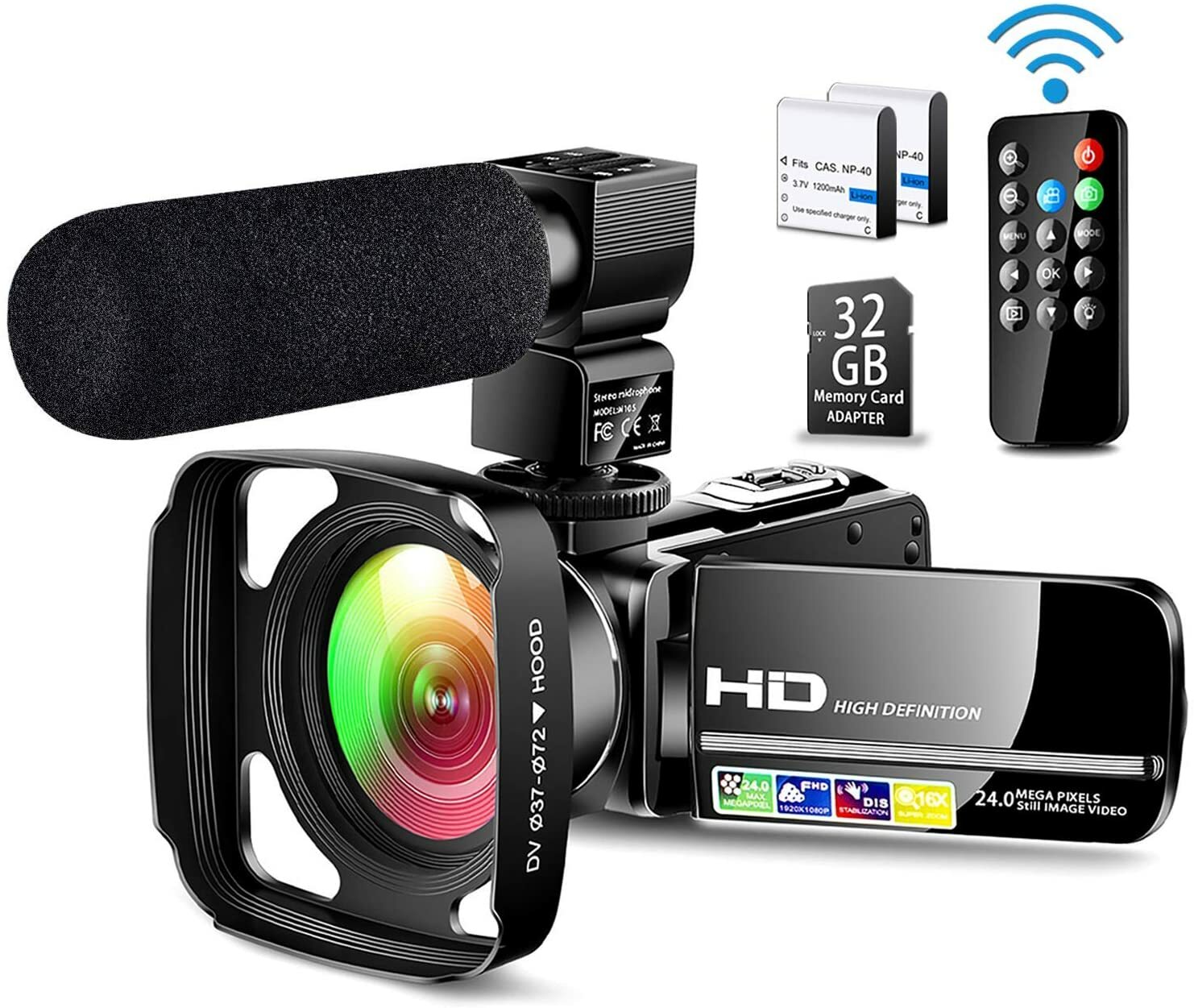 Camcorder 24MP Video Camera 16X Zoom, Microphone,Remote,2 Batteries+32GB SD Card-image