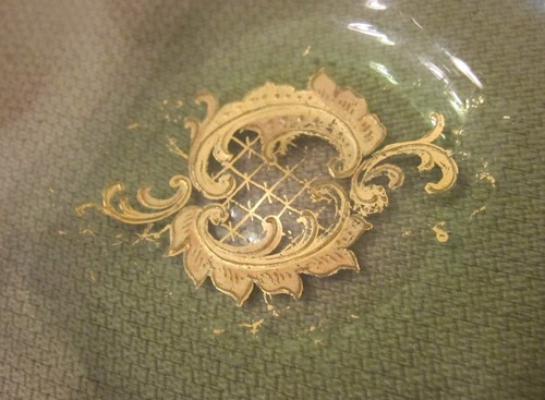 vintage hand blown ornate gold gilded green Czech glass dish tray jar w/ handle - Picture 5 of 6
