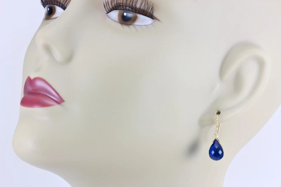 Pendientes Briolettes de zafiro simulado azul oscuro gotas de plata de ley oro de 14 k Foto 2 de 4