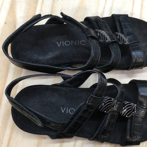 Vionic Sandals Womens 6 Croc Print Strappy Slingback Black Faux Leather Open Toe - Picture 14 of 16