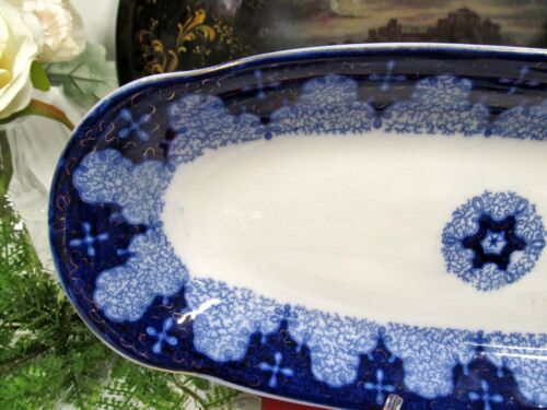 Flow Blue Celery Dish Persian Moss Antique Sarreguemines Germany Tray D platter - Picture 4 of 6