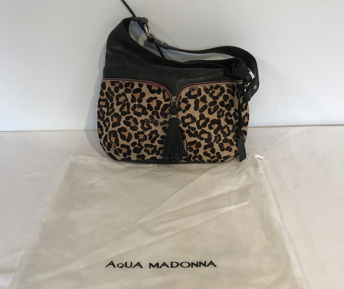 Aqua Madonna Black Calf Leather Hair Leopard Print Large Shoulder