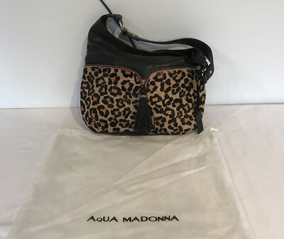 Aqua Madonna Black Calf Leather Hair Leopard Print Large