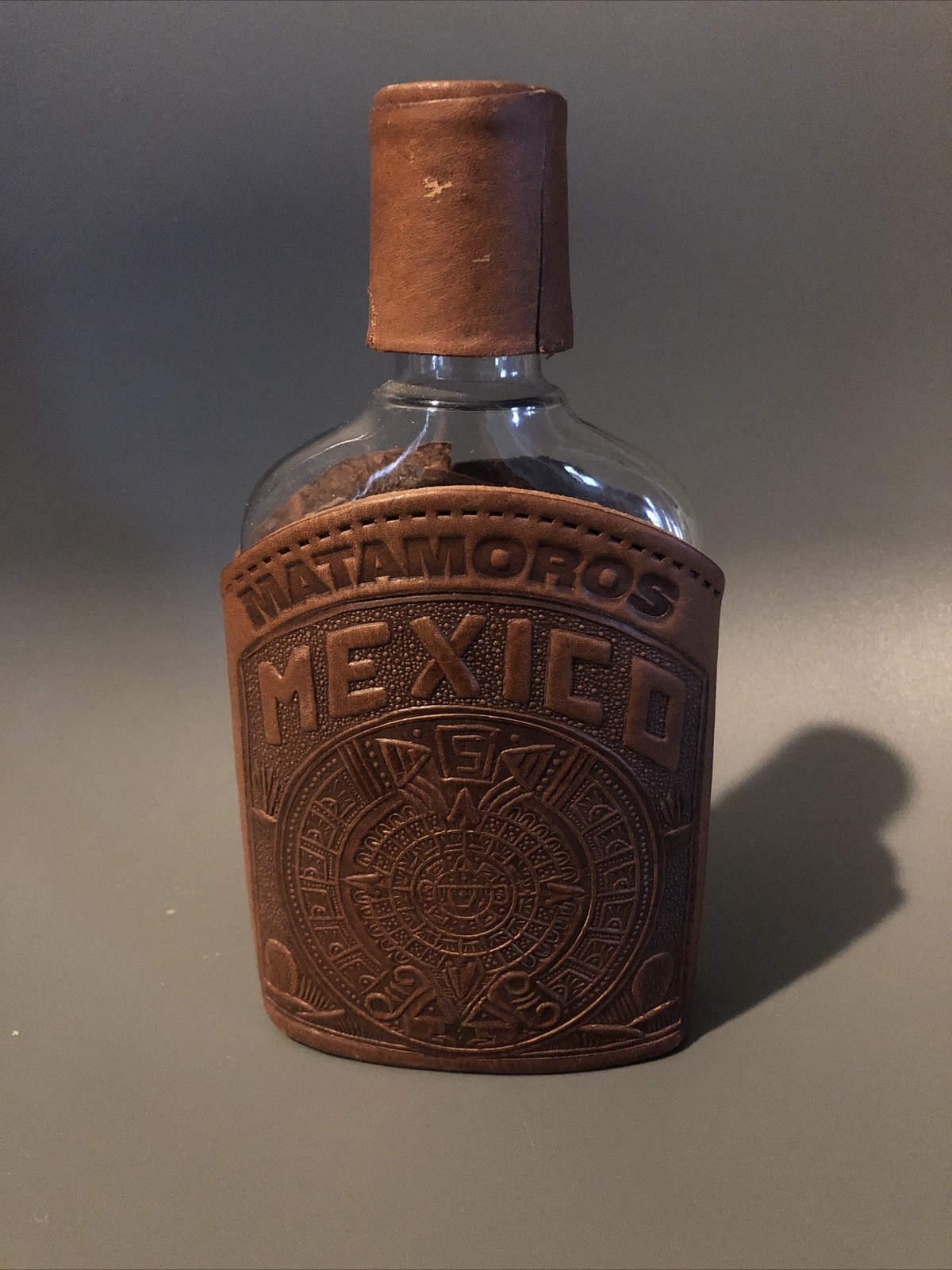 mayan calendar AZTEC leather Cover Flask GLASS embossed tequila Mexico