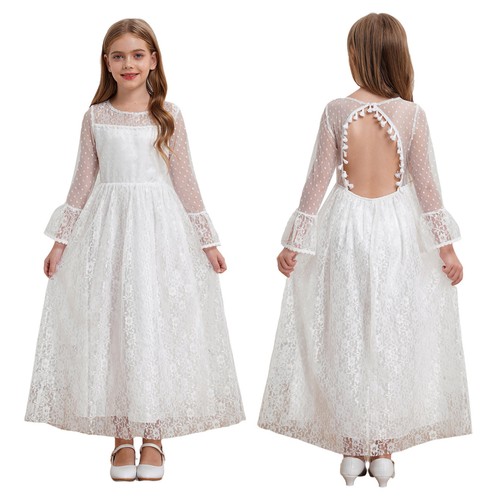 Kid Girl‘s Lace Dress Sweet Backless High Waist Wedding Party Prom Banquet - Picture 4 of 12