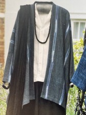 Nwt Eskandar Stripe O/s Denim Jean Indigo 32"long Kimono Open Jacket Coat 1 2