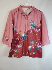 VINTAGE Laura Mae Blouse Women's Size Medium 3/4 Sleeve Floral V-neck Collared 