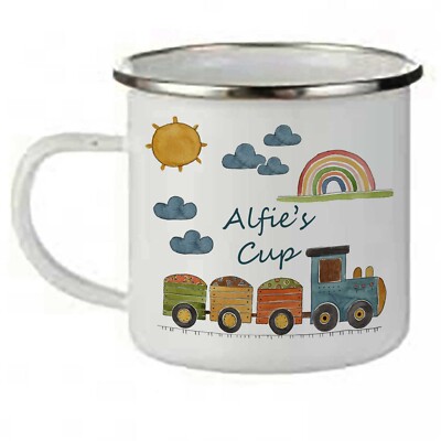 Personalisierte Emaille Camping Tasse, Zug Jungen Kleinkind Tasse Geburtstag Geschenk, Metall