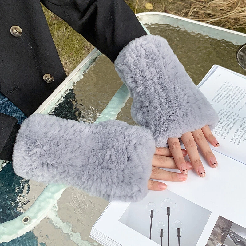 Real Rabbit Fur Gloves Fingerless Knitted Women's Gloves Warm Wrist Mittens Gift - Image 2 of 4