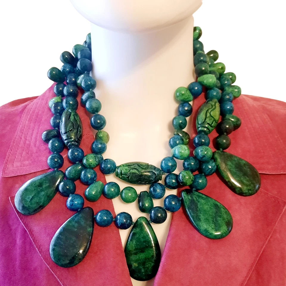 Азурит малахит хризоколла кабошон ярусный бисер заявление ожерелье - Изображение 4 из 4