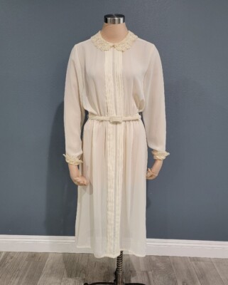Vintage 70s Cream Chiffon Crochet Lace Trim Fit Flare Modest Dress S/M |  eBay