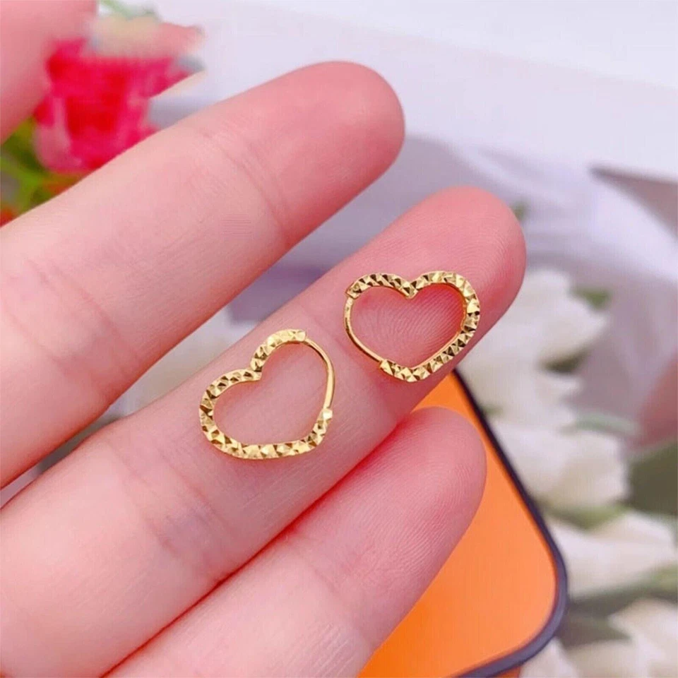 Чистое 18K желтое золото обруч женщин Lucky лучший подарок резной сердце серьги - Изображение 2 из 4