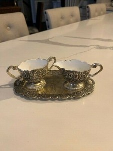 Nasco Enamel Lined Cream Sugar Set Silverplate Ornate Metal With Tray Vitage